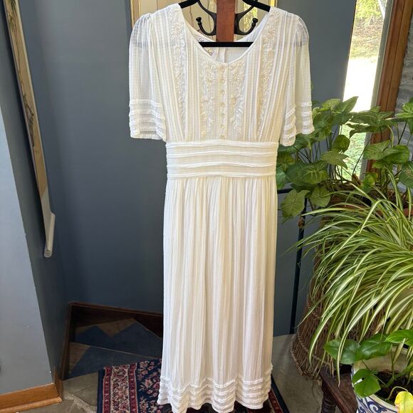 80s Vintage Sarah Elizabeth White Embroidered Floral Prairie Dress size 10 - Picture 11 of 12